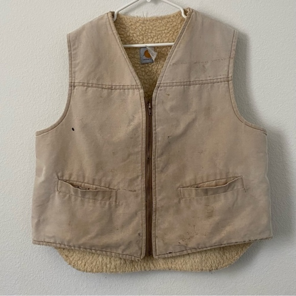 Mens Vest Vintage 80s Carhartt Tan Duck Canvas Sherpa Lined Made In USA XL‎